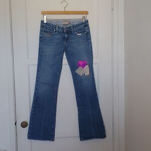 PAIGE Premium Denim Women's Low Rise Bootcut Distressed Jeans w/ Patches Sz 26